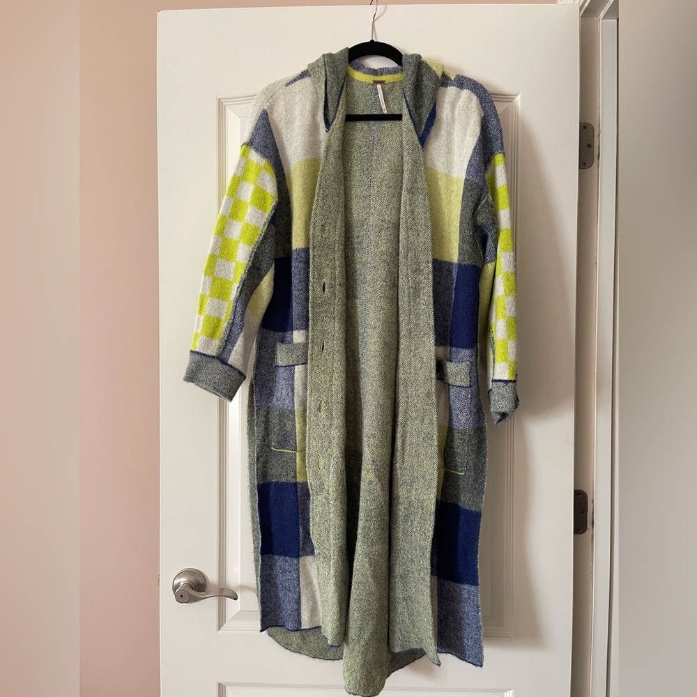 Free People South Bend Plaid Hooded Long Sweater Cardigan Oversized XS - Picture 2 of 10